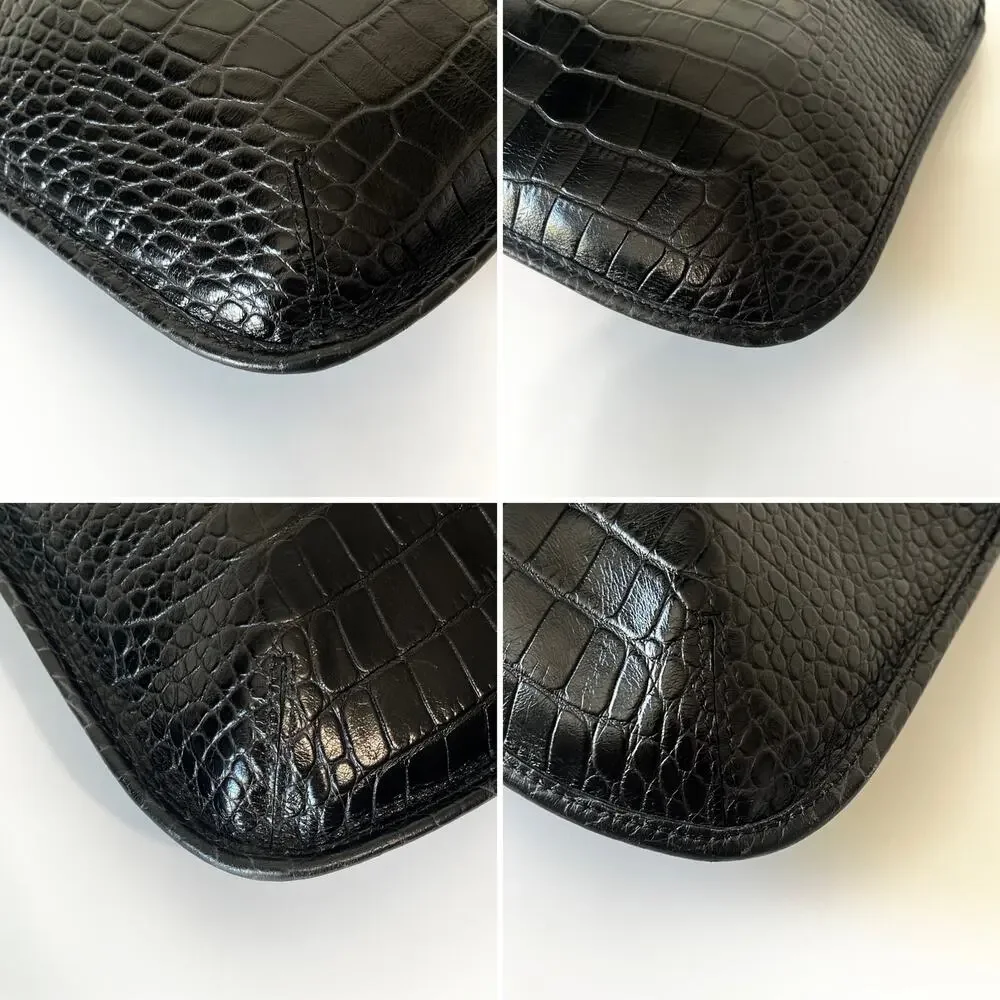Longchamp Roseau Croc Embossed Leather Crossbody Bag Black Silver Vintage Y2K
